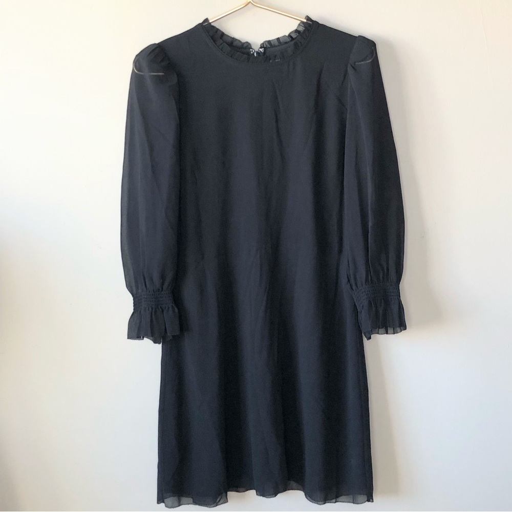 Aritzia Wilfred Black Crepe Ruffle Mock Neck Sheer Long Sleeve Mini Dress 10